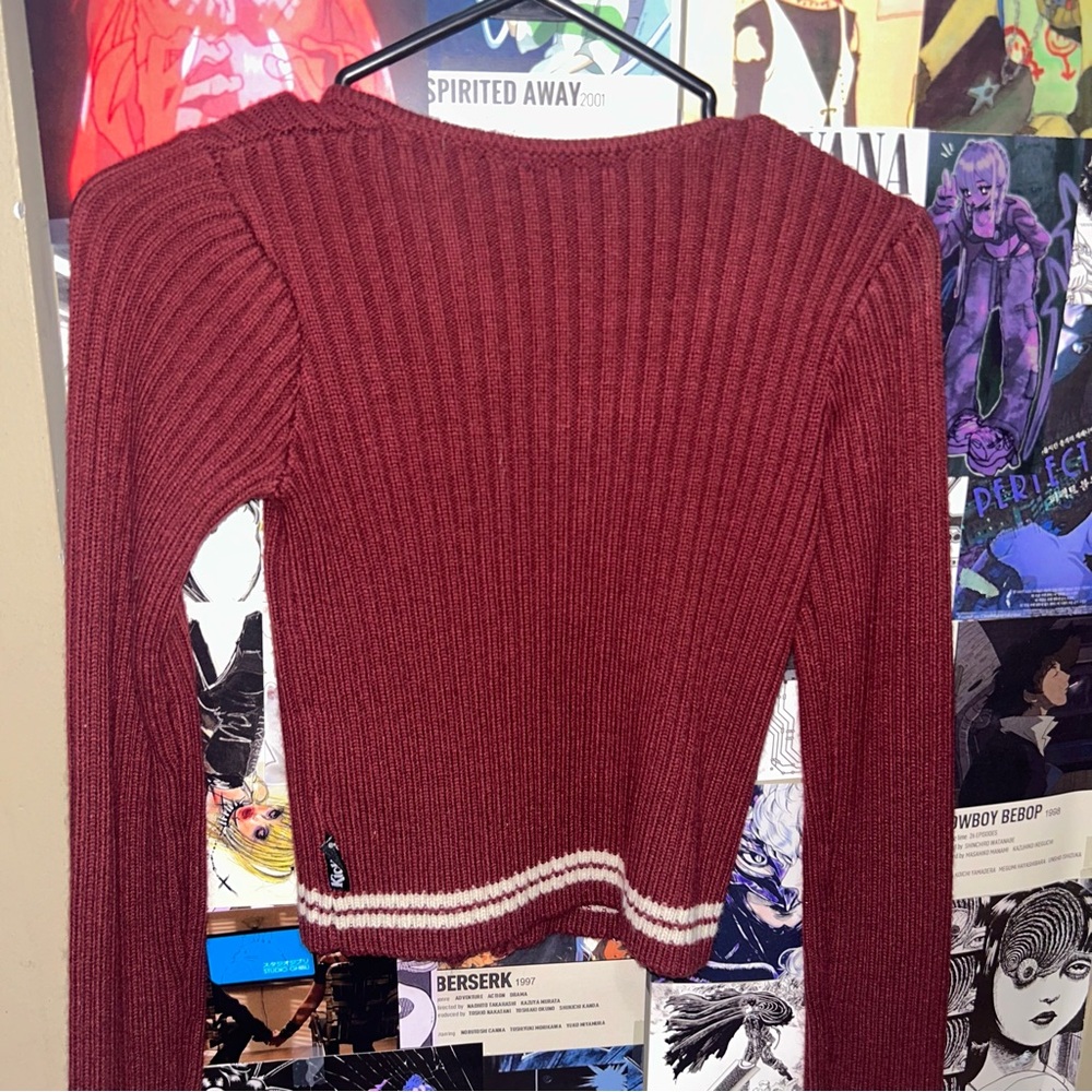 Kickers Ribbed Cropped Zip Cardigan in Burgundy with Red Accent - Picture 5 of 9